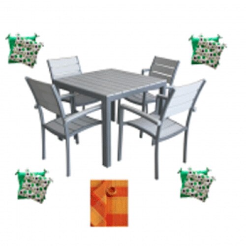 Set mobilier gradina masa patrata cadru aluminiu POLYWOOD GREY 90x90x74cm cu 4 scaune 60x57x89cm , 4 perne , fata de masa