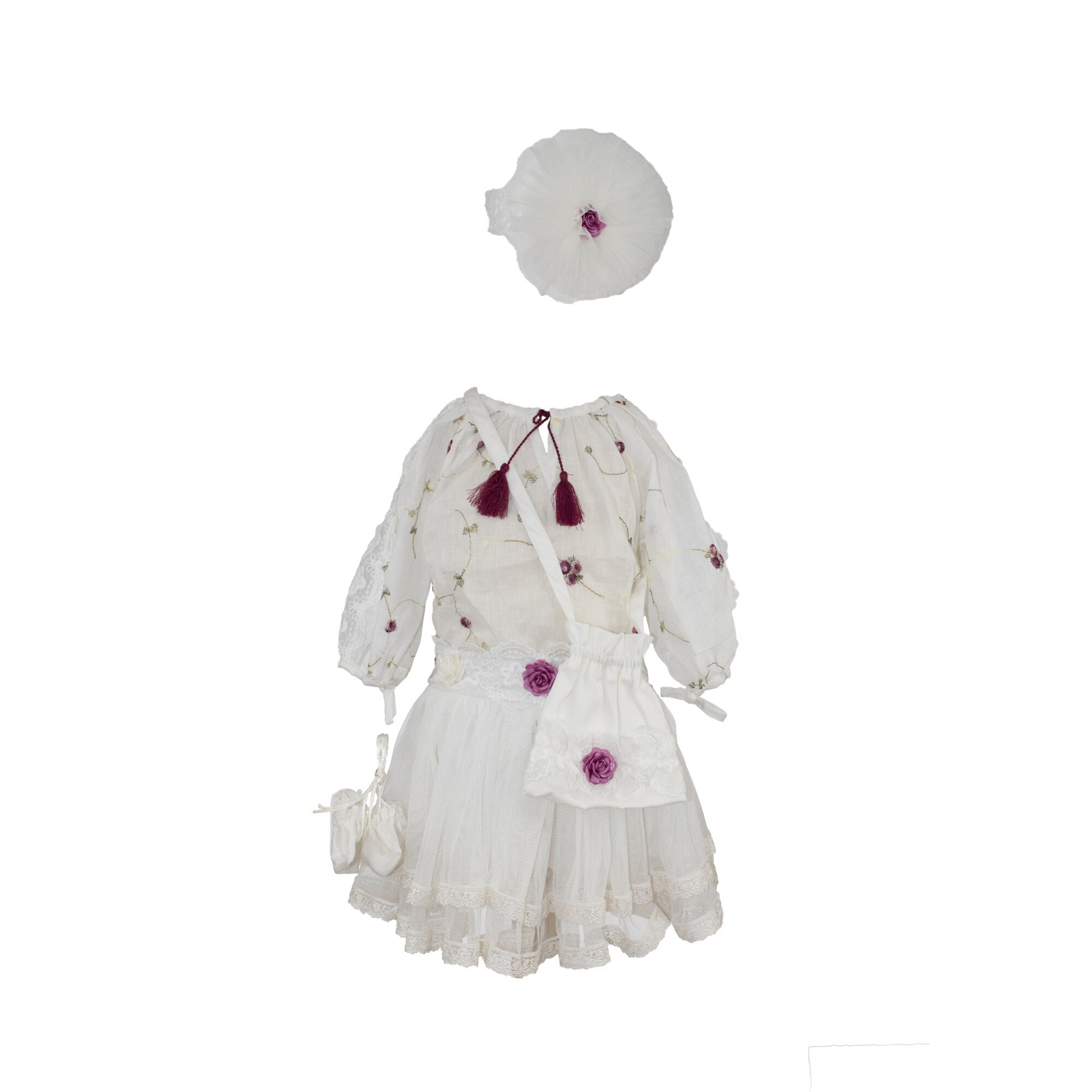 Costum popular pentru botez cinci piese fete, culoare alba, varsta 3-6 luni