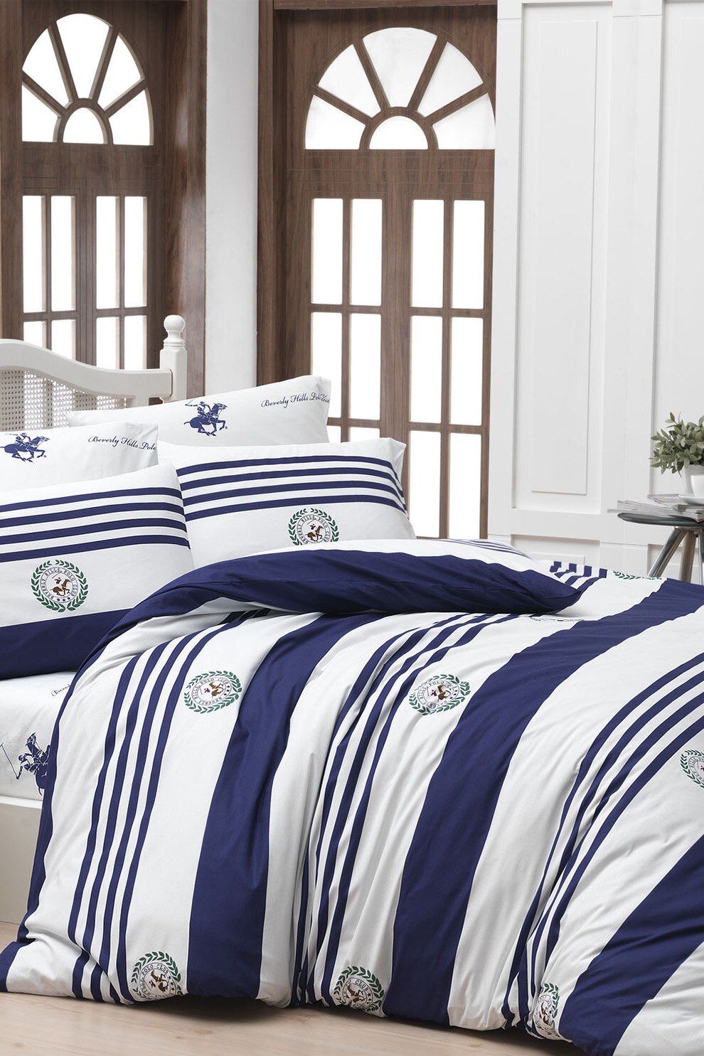 Beverly Hills Polo Club, Lenjerie de pat, 100% bumbac ranforce, Bleumarin/Alb, 160X220-50X70 cm