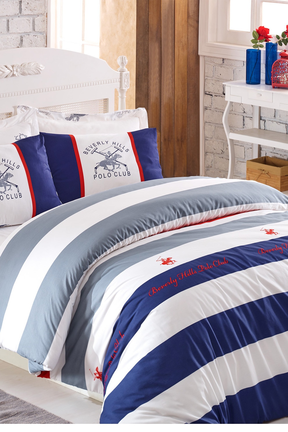 Beverly Hills Polo Club, Lenjerie de pat, 100% bumbac ranforce, Albastru/Alb, 160X220-50X70 Standard