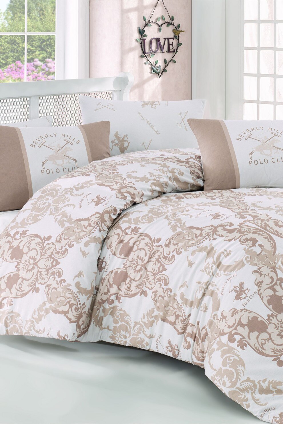 Beverly Hills Polo Club, Lenjerie de pat, 100% bumbac ranforce, Alb/Bej, 160X220-50X70 Standard