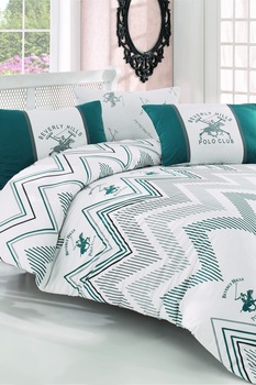 Beverly Hills Polo Club, Lenjerie de pat pentru o persoana, 100% bumbac ranforce, Alb/verde, 160X220-50X70 Beverly Hills Polo Club, Lenjerie de pat pentru o persoana, 100% bumbac ranforce, Alb/verde, 160X220-50X70