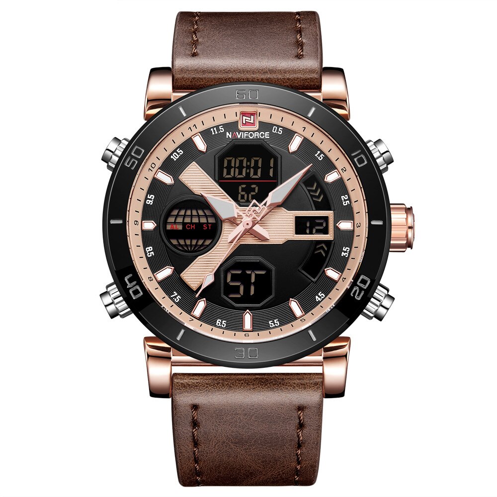 Ceas Naviforce, mecanism Quartz, rezistent la apa 3Bar, curea din piele maro, afisaj digital si analogic, stil Fashion
