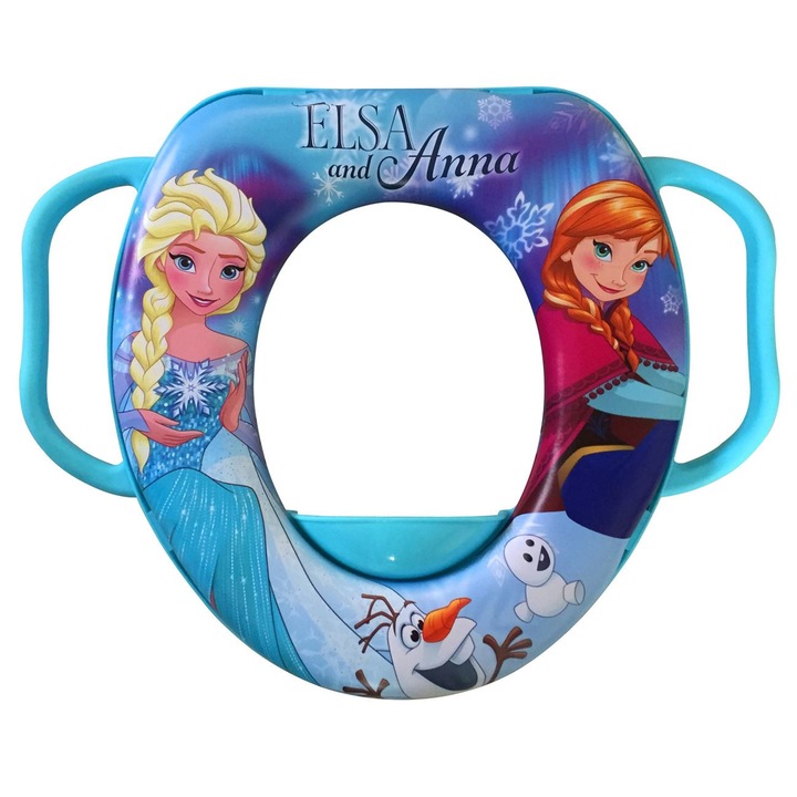 Reductor toaleta pentru copii, model Diseny Frozen Anna si Elsa, cu manere, moale, confortabil, multicolor
