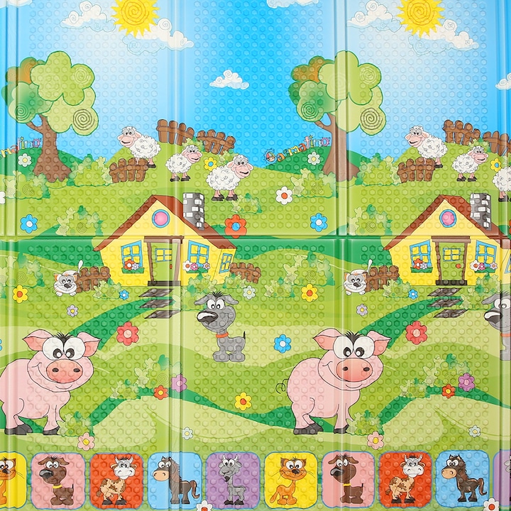 Covor de joaca Farm Animals Casmatino® Piggy, 200X140 cm, 1cm grosime, Termoizolant, Pliabil, Covoras multifunctional pentru bebe si copii