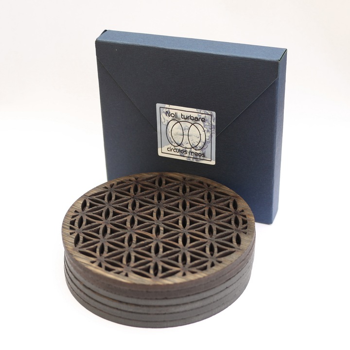 Set 6 buc. Suport / Coaster pahar model Floarea Vietii din furnir stejar colorat Charcoal