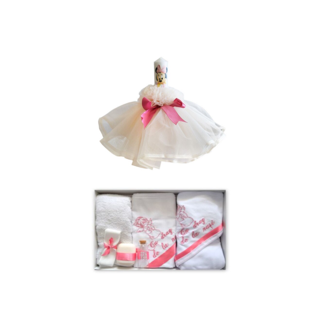 Set doua piese,Lumanare Botez si Trusou Botez cu Ingeras si mesaj Brodat,Alb/Roz