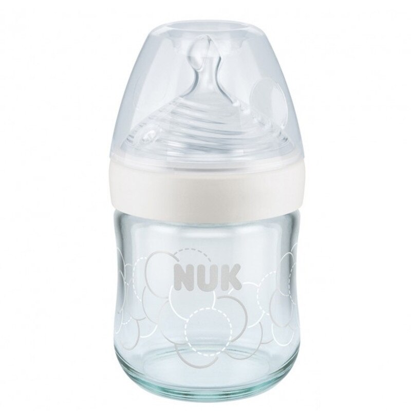 Biberon din sticla cu tetina din silicon 120 ml 0-6 luni NUK Nature Sense 747088A, Alb