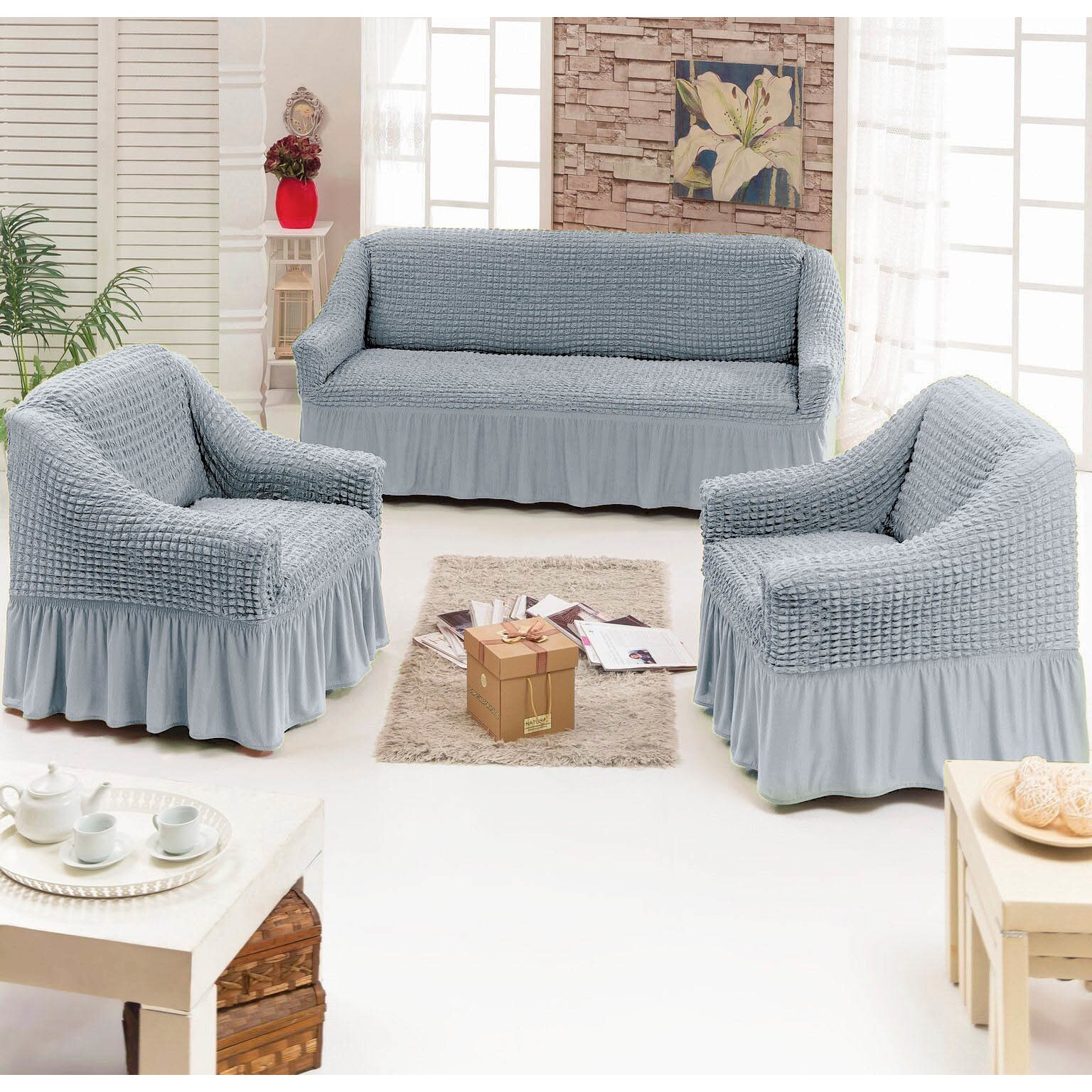 Set 3 piese Davay, 1Husa pentru Canapea de 3 locuri si 2 Huse pentru Fotolii - Gri