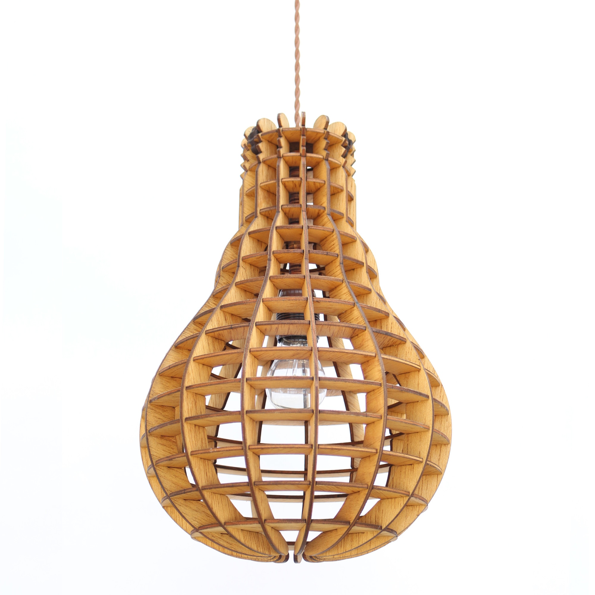 Corp de iluminat forma bulb din lemn 42 x 27 cm. maro deschis