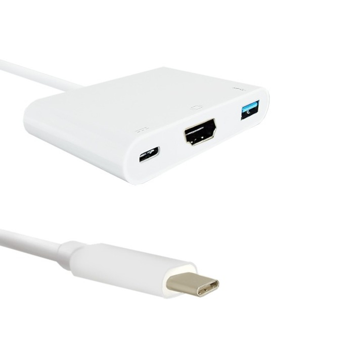Adapter, Qoltec, USB 3.1 Type C male/HDMI A female, USB 3.0 A female, USB 3.1 Type C PD, 0.2m, Fehér