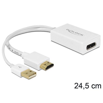 Adaptor HDMI la Displayport+USB, Delock, Lungime 24 cm, Alb Adaptor HDMI la Displayport+USB, Delock, Lungime 24 cm, Alb