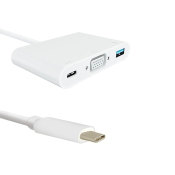 Adaptor Qoltec USB 3.1 Tip C tata / VGA mama + USB 3.0 Tip A mama + USB 3.1 Tip C mama, Alb Adaptor Qoltec USB 3.1 Tip C tata / VGA mama + USB 3.0 Tip A mama + USB 3.1 Tip C mama, Alb