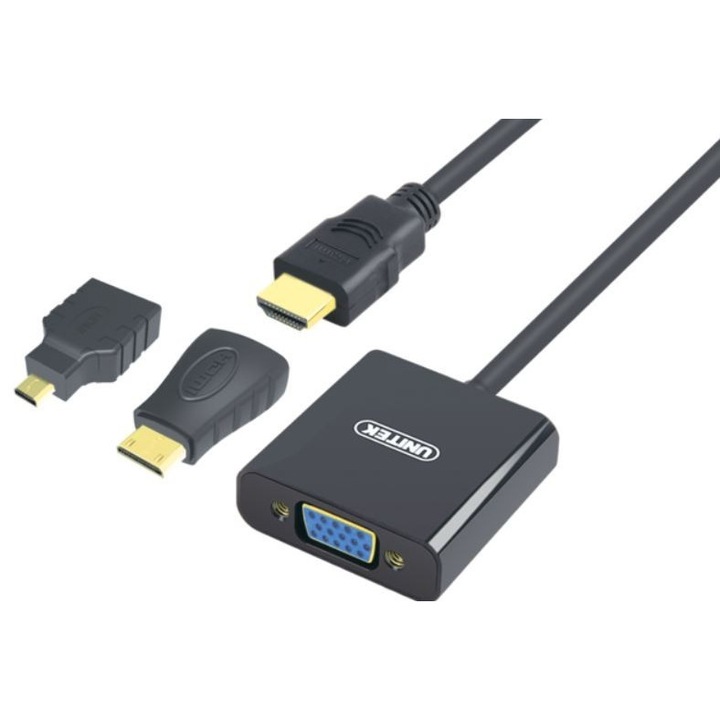 Mini/mikro Hdmi-VGA + audioadapter/konverter, Y-6355, Unitek, fekete