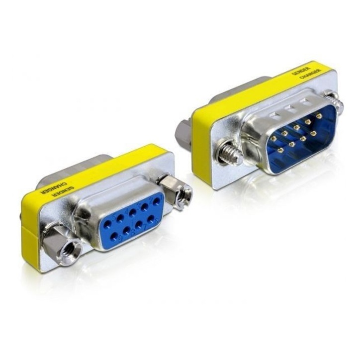 Преходник VGA мъжки 9 пинов към VGA женски 9 пинов, Delock, сребрист/жълт