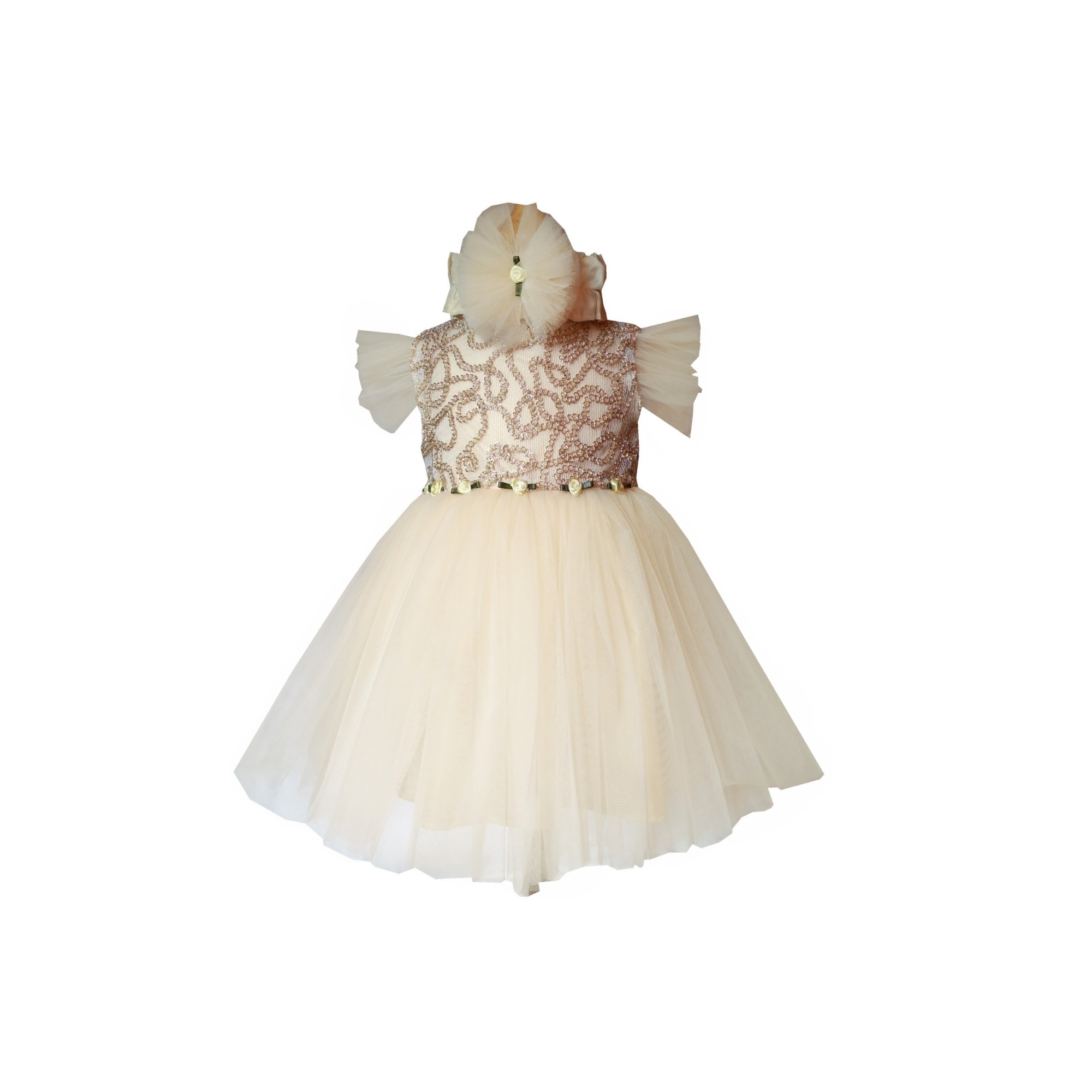 Rochie botez Crem / Auriu cu bentita si fundita detasabila / 0 - 3 luni