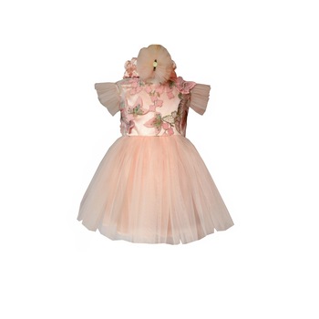 Rochie botez Roz Somon dantela 3D cu bentita si fundita detasabila / 9 - 12 luni Rochie botez Roz Somon dantela 3D cu bentita si fundita detasabila / 9 - 12 luni