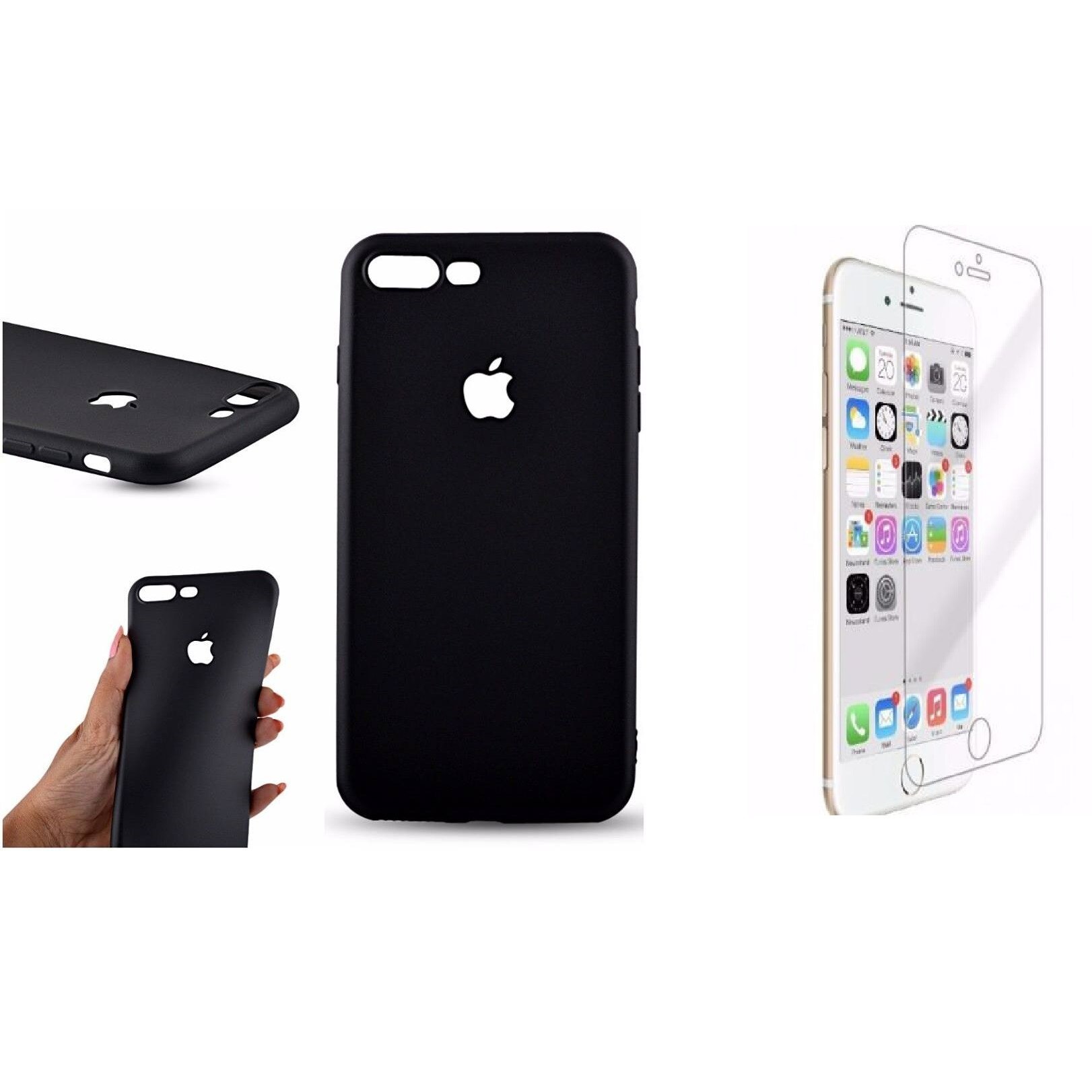 Pachet husa pentru Apple iPhone 6 Plus / 6S Plus, MyStyle Perfect Fit decupaj logo , Black , cu folie de sticla gratis