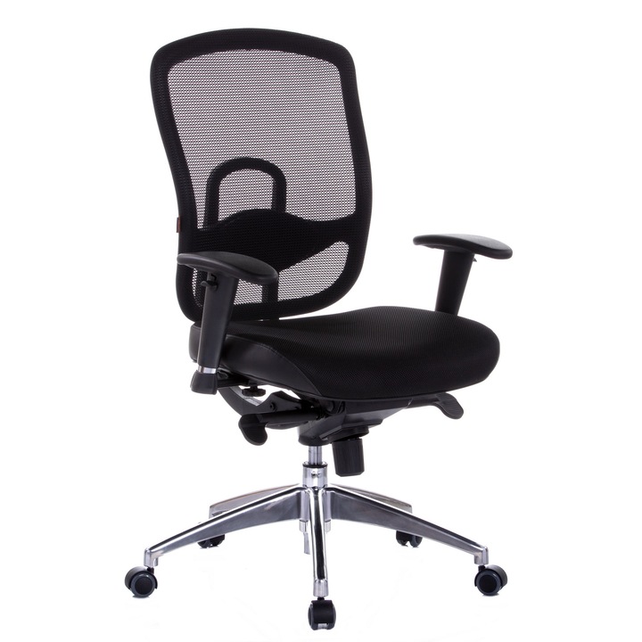 QMOBILI Oklahoma ergonomikus szék Fekete, hálós, 4 pontos multiblock mechanizmus, állítható deréktámasz, állítható PP karok, alumínium talp
