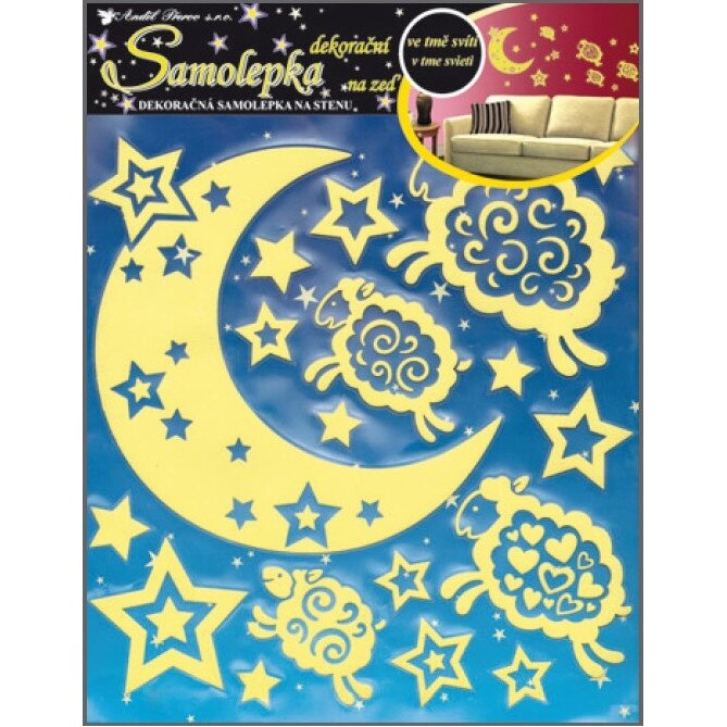 Sticker fosforescent cu luna si miei, 31 x 32 cm