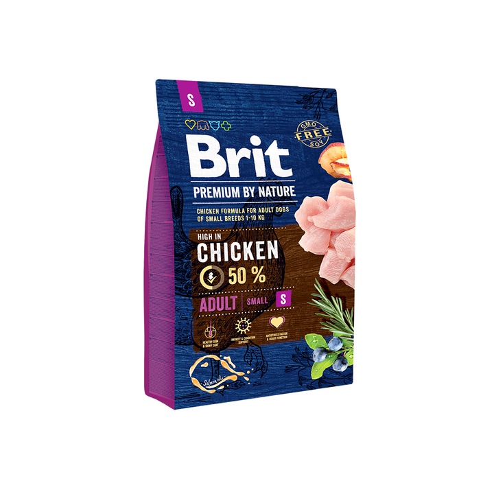 Суха храна за кучета Brit Premium (нова подобрена формула), Adult S, 3 кг