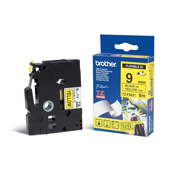 Brother TZ-FX621 / TZe-FX621, 9mm x 8m, fekete nyomtatás / sárga alapon, eredeti szalag