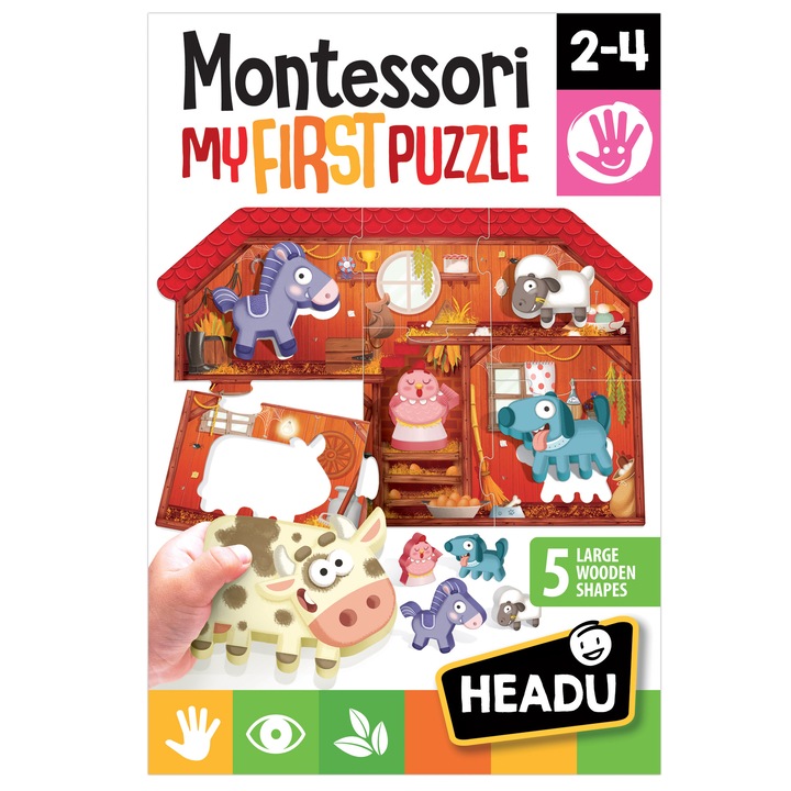 Puzzle Headu Montessori Primul meu puzzle - Ferma, 6 piese, 5 figurine lemn