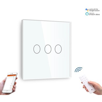 Intrerupator inteligent triplu tactil WIFI+RF compatibil Google Home si Alexa Intrerupator inteligent triplu tactil WIFI+RF compatibil Google Home si Alexa