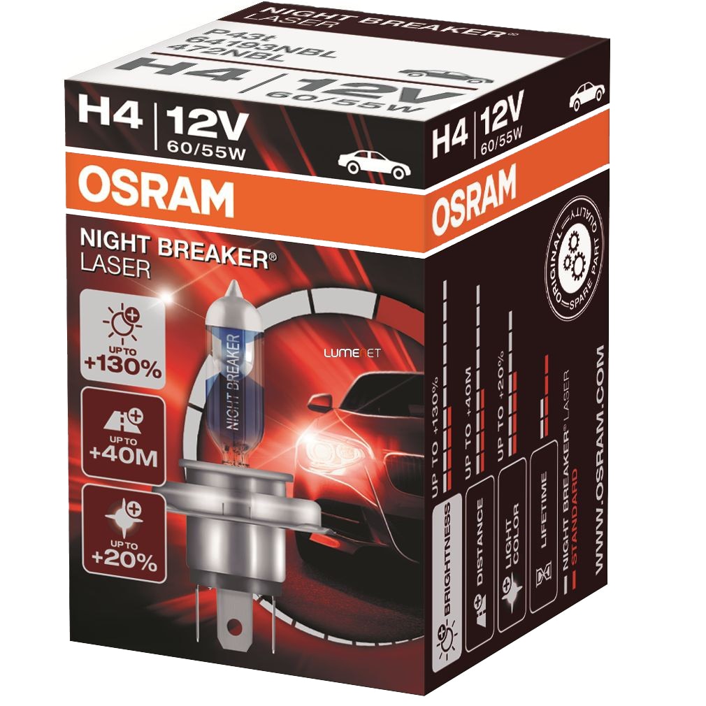 Bec auto far halogen Osram, H4 Night Breaker Laser, +130%, 60/55W, 12V P43T, 1 buc