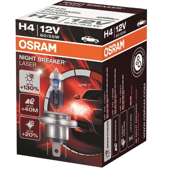 Bec auto far halogen Osram, H4 Night Breaker Laser, +130%, 60/55W, 12V P43T, 1 buc Bec auto far halogen Osram, H4 Night Breaker Laser, +130%, 60/55W, 12V P43T, 1 buc