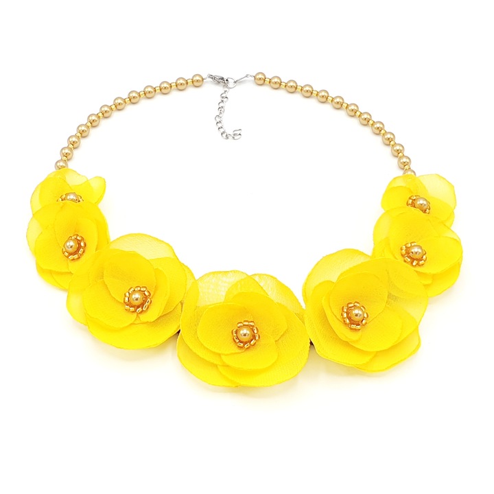 Colier elegant cu perle Swarovski si flori, culoarea galben, Zia Fashion