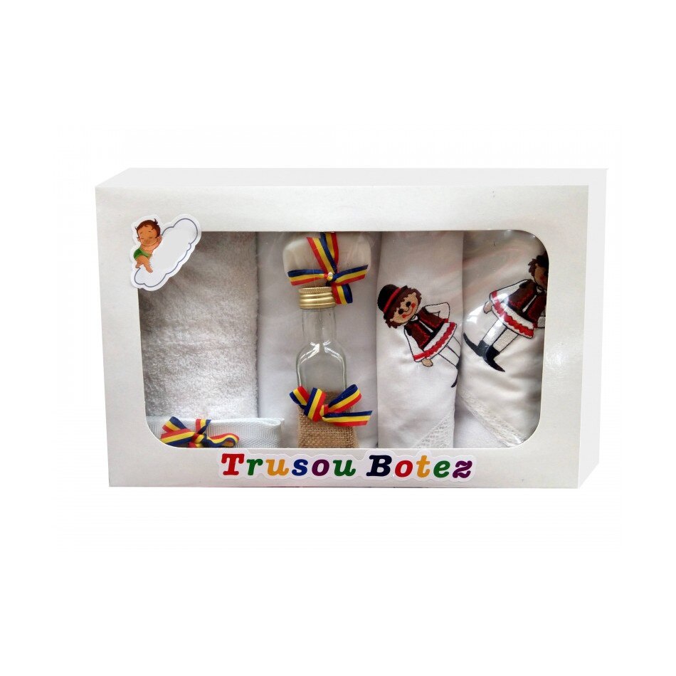 Trusou Botez Traditional Brodat,7 piese,Alb/Multicolor