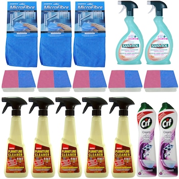 Pachet - 3 x Detergent pentru mobila, Sano Furniture Cleaner, 4 in 1, 500ml + 3 x Laveta MicroFibre + 5 x Set Bureti de Vase, 2buc/Set + 2 x Dezinfectant universal, Sanytol, 500ml + 2 x Cif crema degresanta, Lila Flower, 500ml Pachet - 3 x Detergent pentru mobila, Sano Furniture Cleaner, 4 in 1, 500ml + 3 x Laveta MicroFibre + 5 x Set Bureti de Vase, 2buc/Set + 2 x Dezinfectant universal, Sanytol, 500ml + 2 x Cif crema degresanta, Lila Flower, 500ml