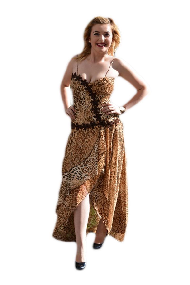 Rochie de seara lunga, insertii din broderie florala,D&J Exclusive, Animal-print