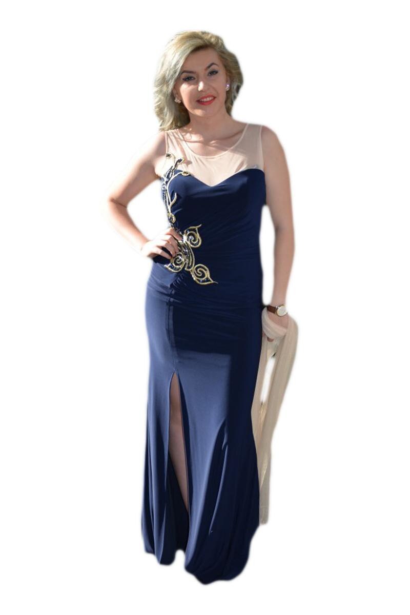 Rochie spectaculoasa lunga,plasa crem si trena discreta,D&J Exclusive, Bleumarin