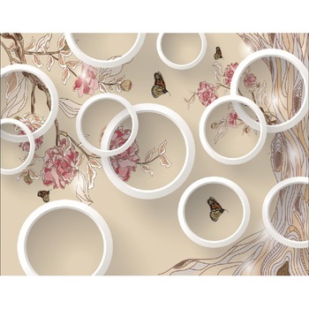 Fototapet de perete autoadeziv si lavabil Fluturi, flori si cercuri, 270 x 200 cm Fototapet de perete autoadeziv si lavabil Fluturi, flori si cercuri, 270 x 200 cm