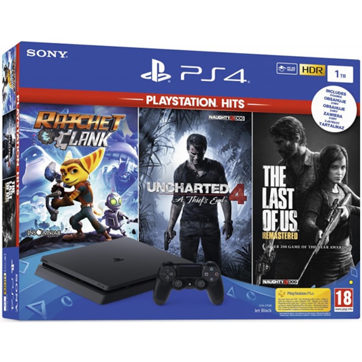 Комплект конзола PlayStation 4 1 TB Slim, Black + 3 х Игри: Ratchet&Clank, Uncharted 4 и The Last Of Us
