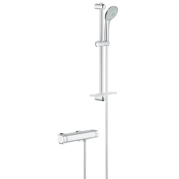 Sistem de dus cu termostat Grohe Grohtherm 2000, montare aparenta, 3 functii, para dus inclusa, brat ajustabil, etajera, anti-calcar, crom Sistem de dus cu termostat Grohe Grohtherm 2000, montare aparenta, 3 functii, para dus inclusa, brat ajustabil, etajera, anti-calcar, crom