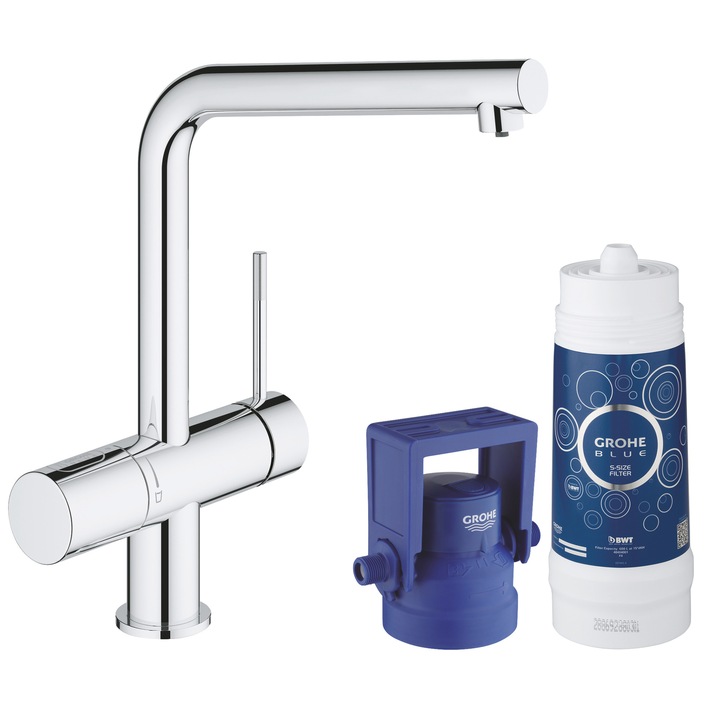 Смесител за кухня Grohe Blue Pure Minta с филтър за вода, Керамичен патрон, Тръбно завъртане, 2 функции, Включен филтър, Хром