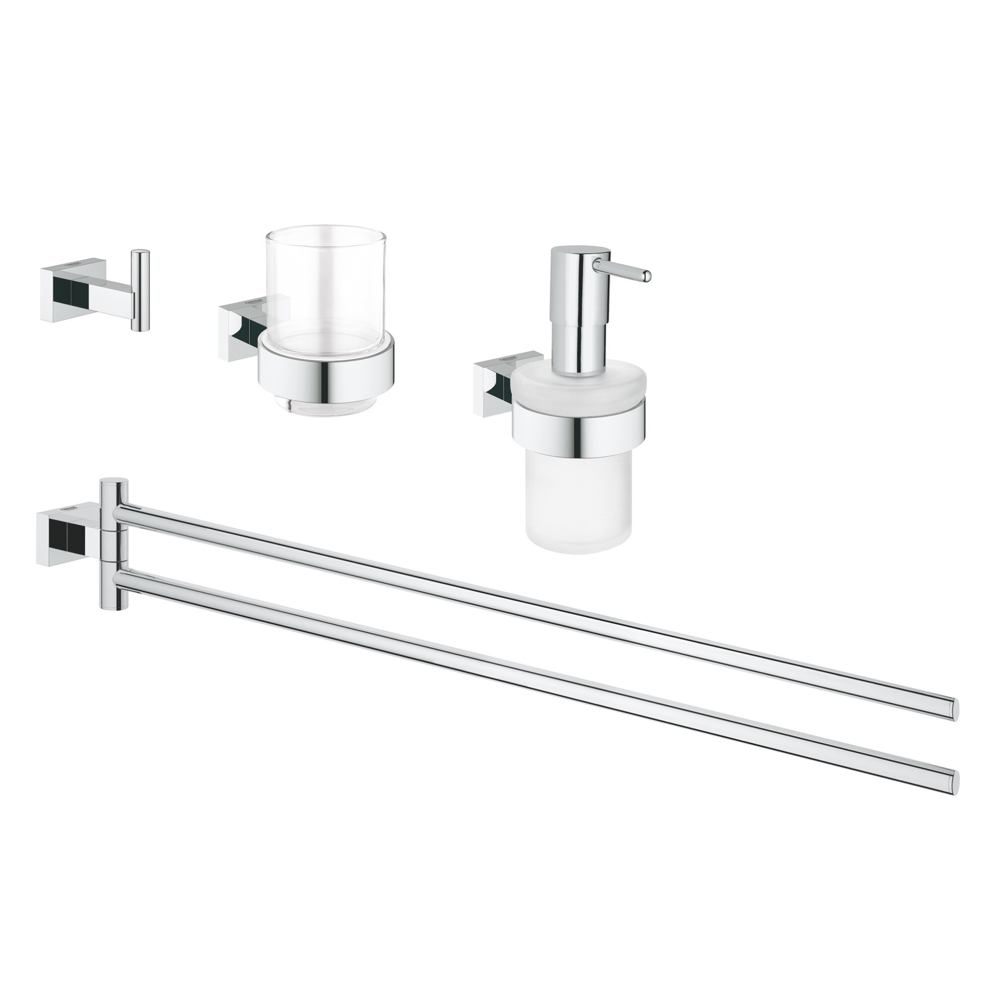 Set Grohe Essentials Cube 4 in 1, cuier, suport prosop, pahar si dispencer sapun, fixare perete ascunsa, Crom