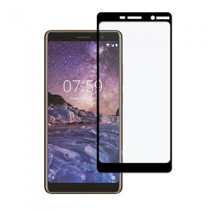 Védőfólia Nokia 7-hez, Fekete 3D-s biztosított üvegfólia, TELJES KÉPERNYŐ, Edzett üveg, Anti-Shock, Viceversa