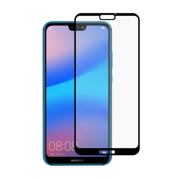 Teljes méretű edzett üvegfólia, Full Glue for Huawei P20 Lite, Lefedi a teljes képernyőt (ragasztó a teljes felületen), fekete