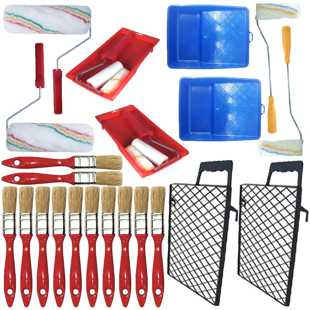 Pachet - 12 x Pensula din par natural, 20mm + 2 x Gratar din plastic pentru trafalet, 270mmx300mm + 2 x Trafalet blana, 25cm + 2 x Trafalet rulou din blana, 10cm + 2 x Tava trafalet, 34cm + 2 x Set trafalet cu tava