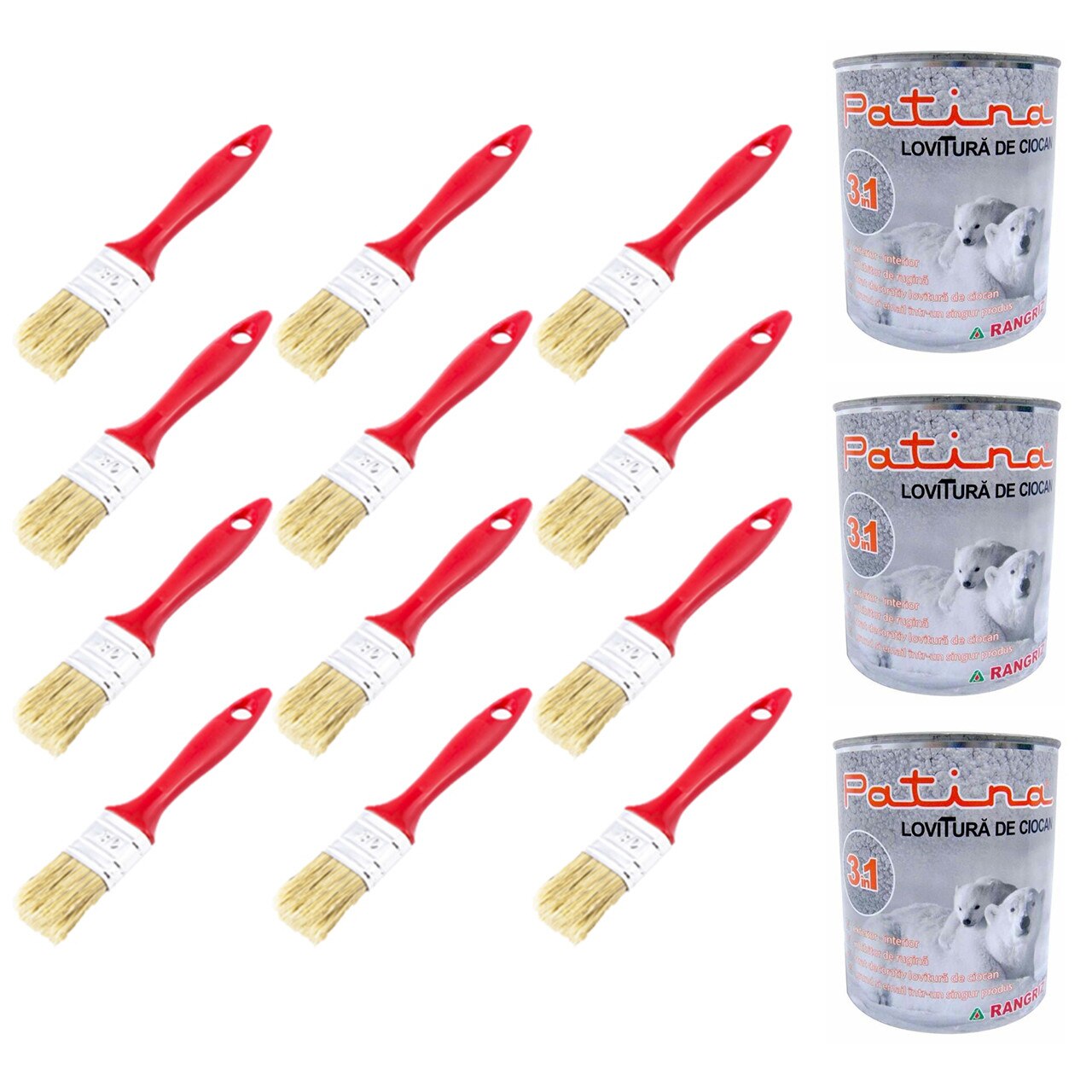 Pachet - 12 x Pensula din par natural, 30mm + 3 x Rangriz Patina vopsea 3in1 lovitura de ciocan, gri, 750ml