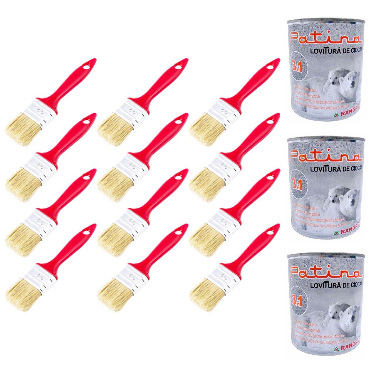 Pachet - 12 x Pensula din par natural, 40mm + 3 x Rangriz Patina vopsea 3in1 lovitura de ciocan, gri, 750ml