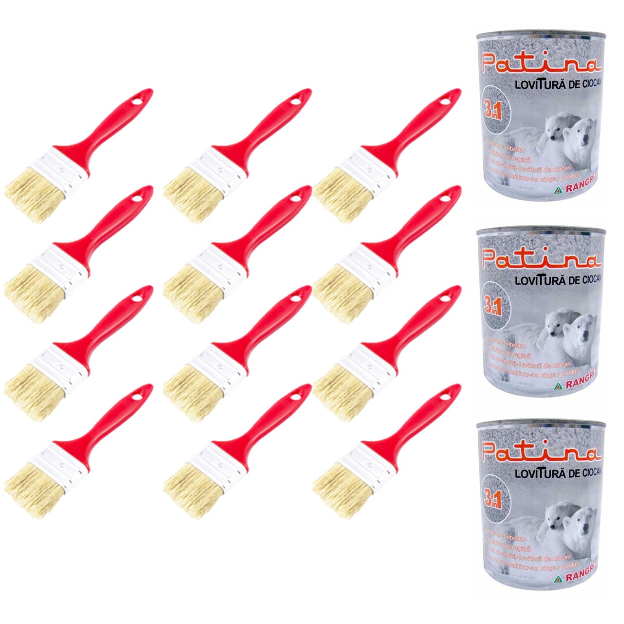 Pachet - 12 x Pensula din par natural, 50mm + 3 x Rangriz Patina vopsea 3in1 lovitura de ciocan, gri, 750ml