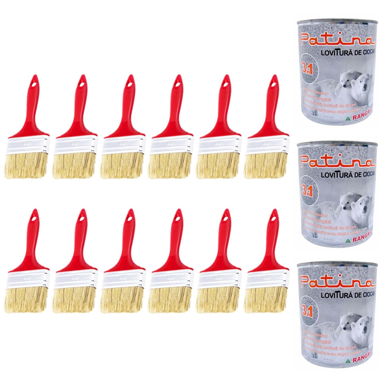 Pachet - 12 x Pensula din par natural, 80mm + 3 x Rangriz Patina vopsea 3in1 lovitura de ciocan, gri, 750ml