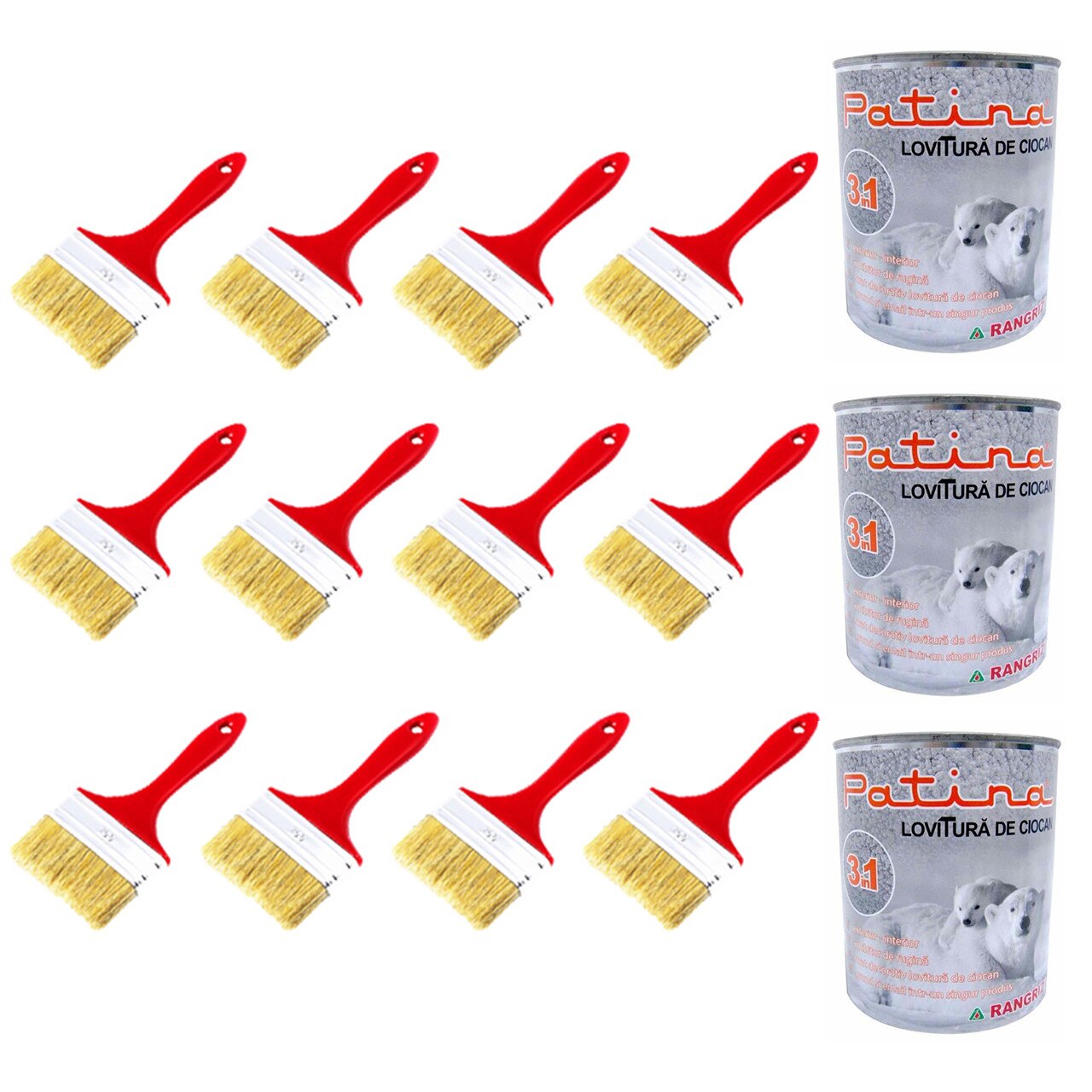 Pachet - 12 x Pensula din par natural, 100mm + 3 x Rangriz Patina vopsea 3in1 lovitura de ciocan, gri, 750ml