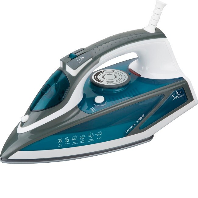 Fier de calcat cu abur, Jata, 2400W, talpa ceramica, debit abur 20-30g/min, functie calcare verticala, sistem antipicurare, anti calcar si auto curatare, Albastru alb