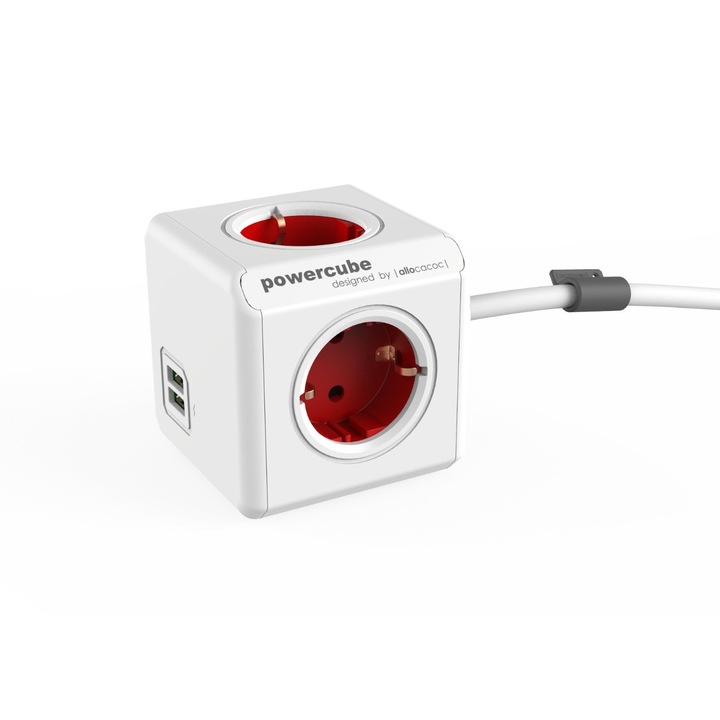 Разклонител за контакт PowerCube Allocacoc 1402RD, 2xUSB, 4 контакта, Кабел 1.5 м, Червен